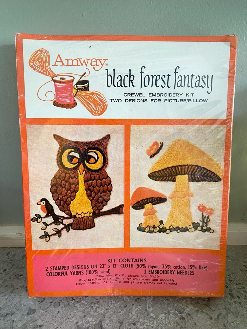 Crewel Embroidery Kit Amway 1973 Black Forest Fantasy Mushroom Owl Never opened